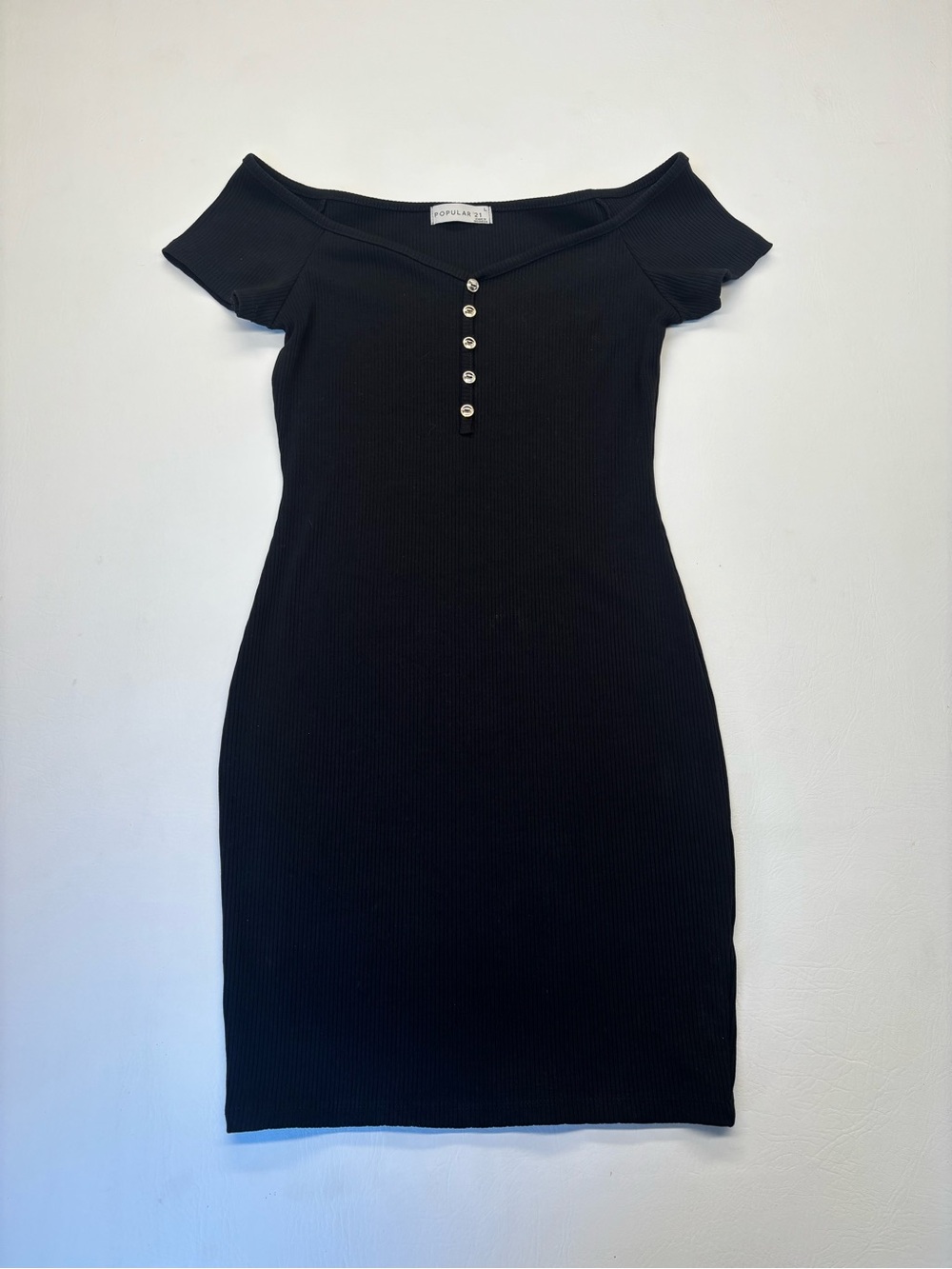 Popular 21 Black Ribbed Off-the-Shoulder Bodycon Mini Dress, Size L